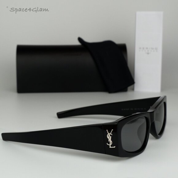 NEW Saint Laurent SLM140/F 002 Black Grey Silver Mirror Rectangle Sunglasses - Picture 1 of 12